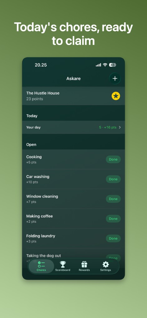 Askare home screen. The Hustle House has 23 points, five chores done today for 16 points, and open jobs such as cooking, car washing, and window cleaning.
