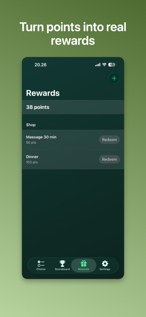 Rewards shop with 38 points to spend. A 30-minute massage costs 50 points and dinner costs 100.