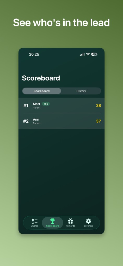 Scoreboard with Matt in first place on 38 points and Ann in second on 37.